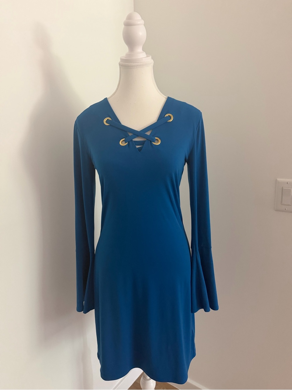 Michael Kors Teal Lace-Up V-Neck Long Sleeve Dress